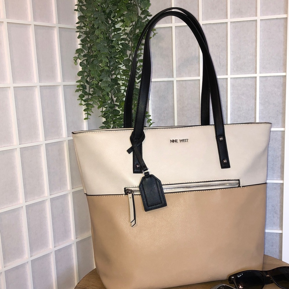 Nine West New Pebbled Faux Leather, Tan and Ivory Tote with Black Handles & Trim